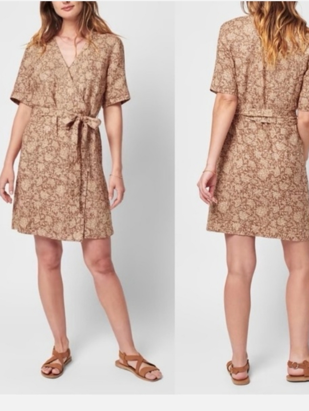 Faherty Ashley Brown Linen Wrap Dress Sz Large